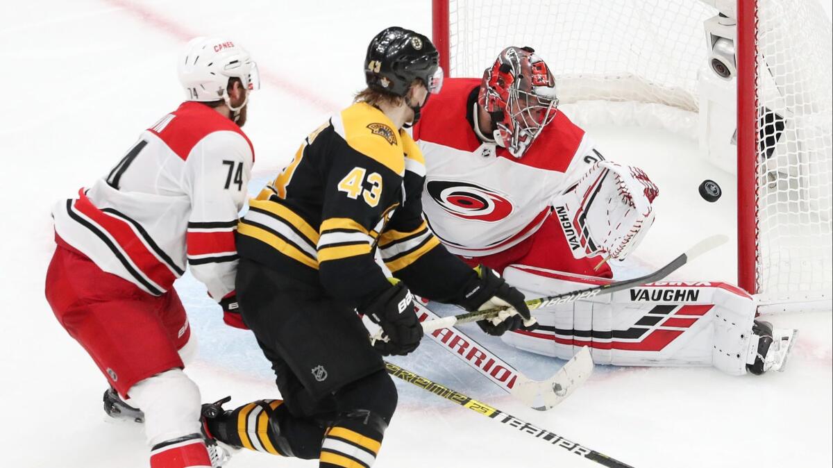 Bruins forward Danton Heinen scores past Carolina Hurricanes goaltender Petr Mrazek during Game 2 of the NHL Eastern Conference Final on May 12.