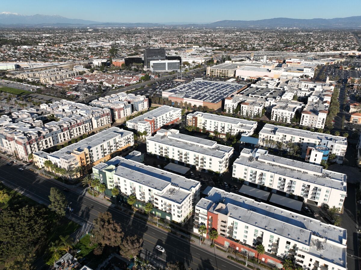 Aerial view of high-density housing buildings in Huntington Beach.