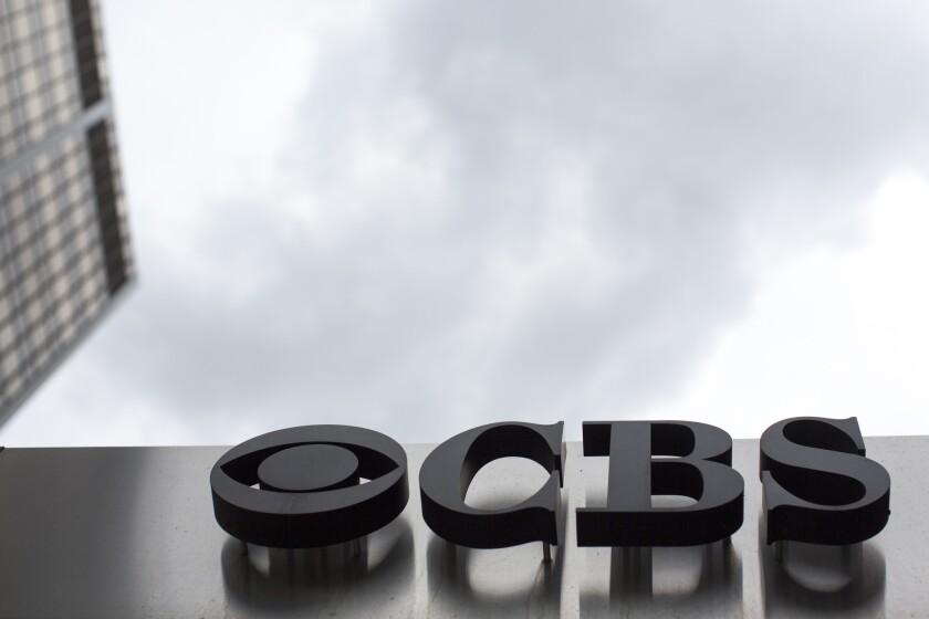 The CBS logo at the company's broadcast center in New York City.