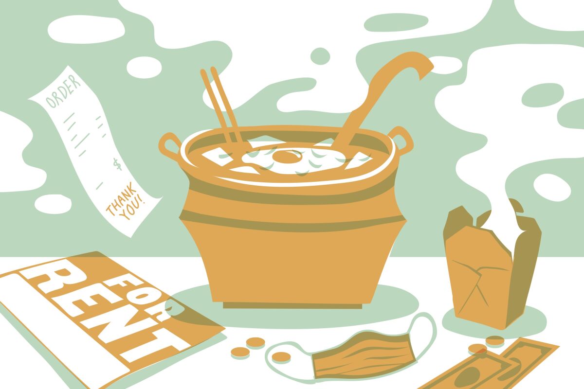 illustration of a bowl of soon tofu soup, a "for rent" sign and a takeout box 