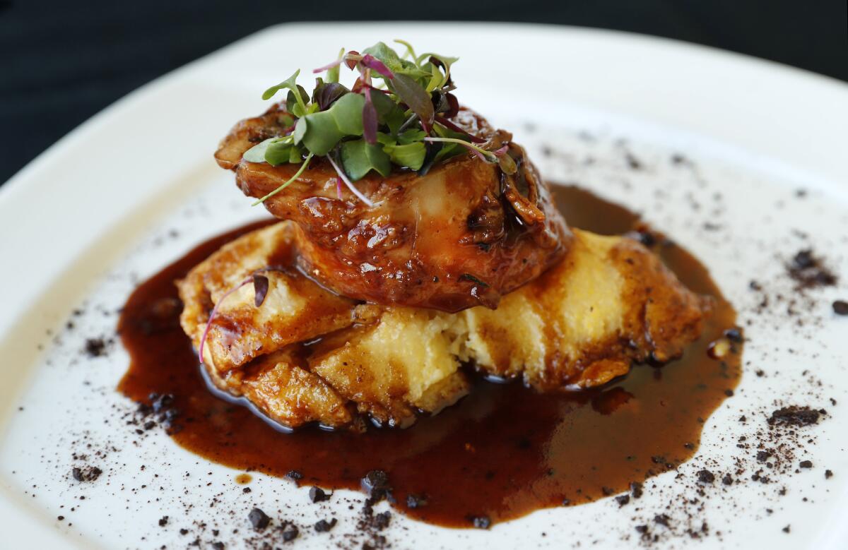 Rabbit Loin in a bed of Polenta Modica Chocolate Sauce is on the menu at Valentino restaurant in Santa Monica.