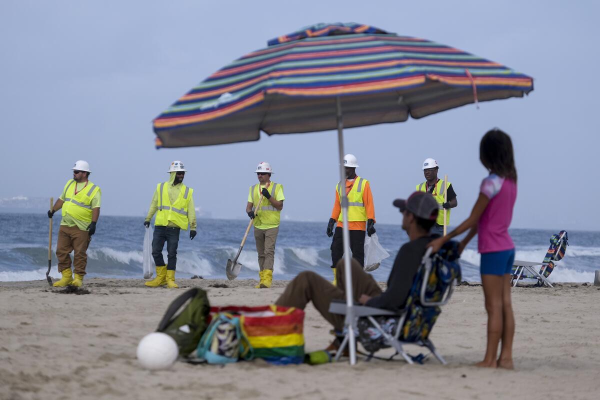 Workers in protective gear clean up a beach.