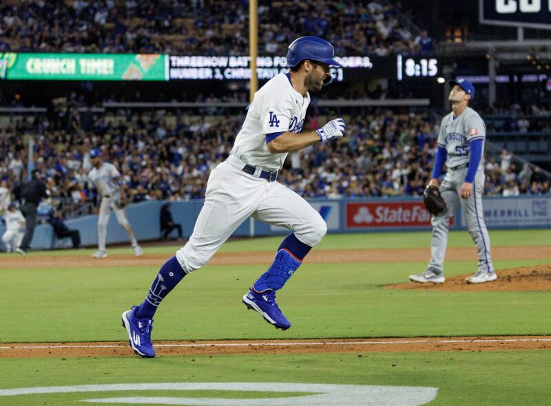 Chris Taylor runs the bases after hitting a solo home run off Royals pitcher Cole Ragans in the fifth inning.