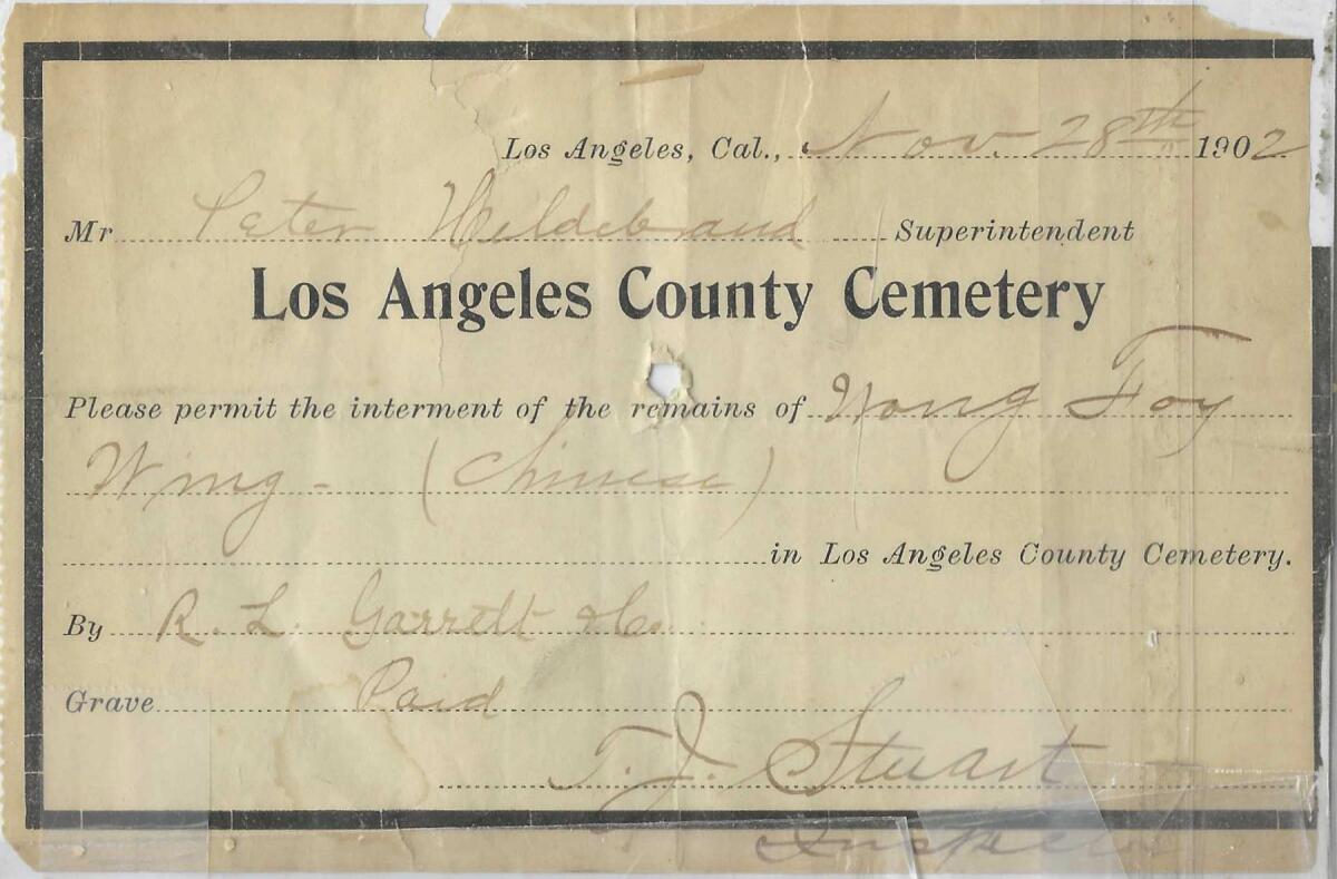 A Los Angeles County Cemetery burial permit from 1902.
