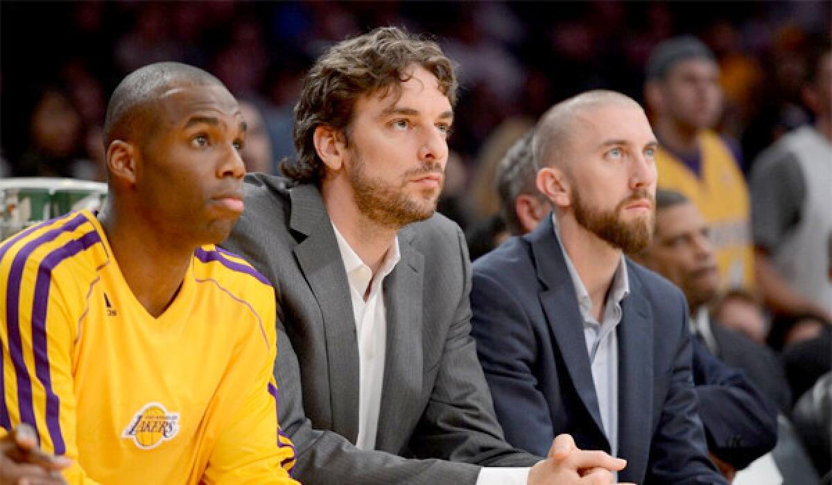 Pau Gasol watching from the bench Tuesday night, his fifth game out because of a concussion. He might play Thursday.