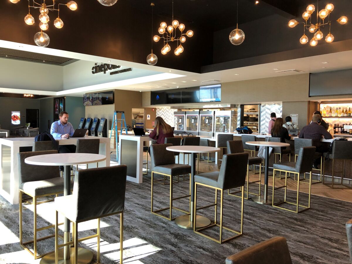 The bar lounge and lobby at the new Cinépolis Luxury Cinemas La Costa Town Square, which will open Feb. 7 in Carlsbad.