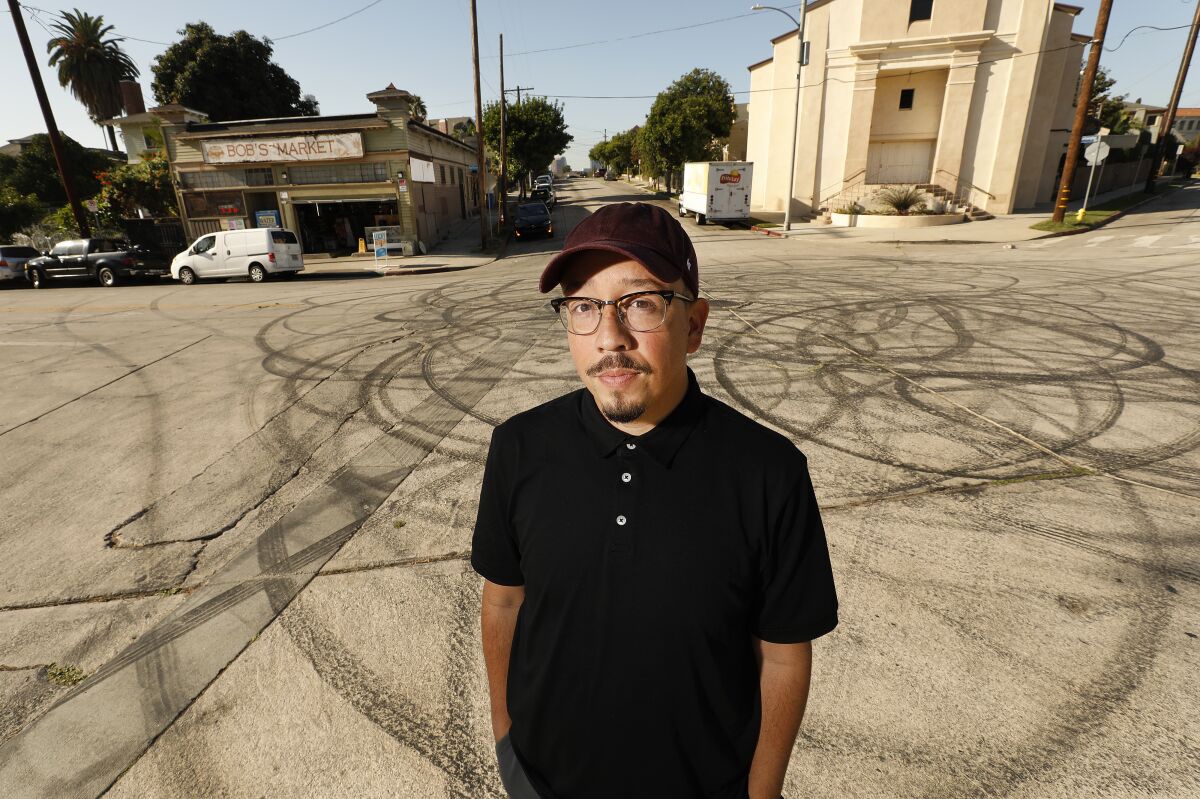 Author and entertainment journalist Shea Serrano, photographed in front of Bob's Market in Angelino Heights, during a recent trip to Los Angeles.