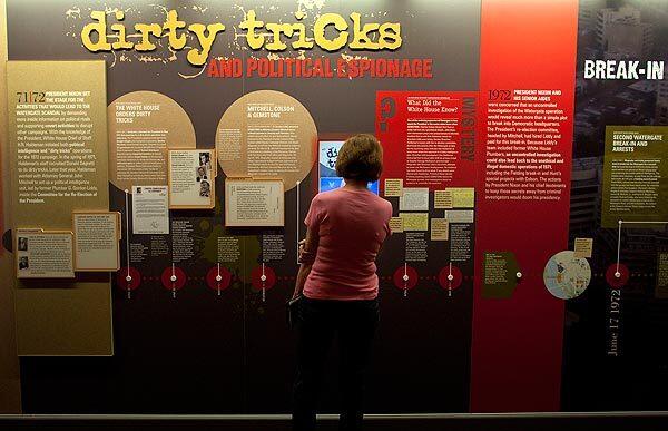 The new Watergate exhibit was unveiled Thursday at the Richard Nixon Presidential Library and Museum in Yorba Linda. The exhibit includes a section titled "Dirty Tricks and Political Espionage."