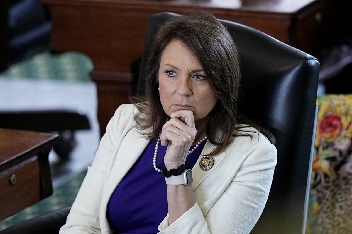 Texas state Sen. Angela Paxton sits in the Senate Chamber at the Texas Capitol in Austin.