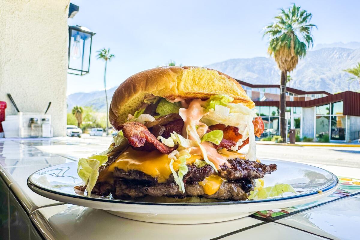 A double smash burger with bacon at the Heyday in Palm Springs.