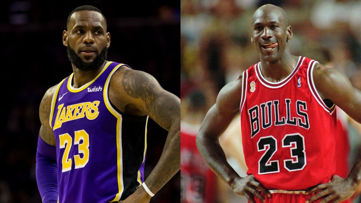 LeBron James, left, passed Michael Jordan on the NBA’s all-time scoring list against the Denver Nuggets on March 6, 2019.