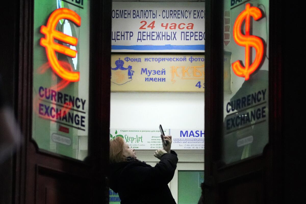 A currency exchange office in St. Petersburg, Russia, on Feb. 25.