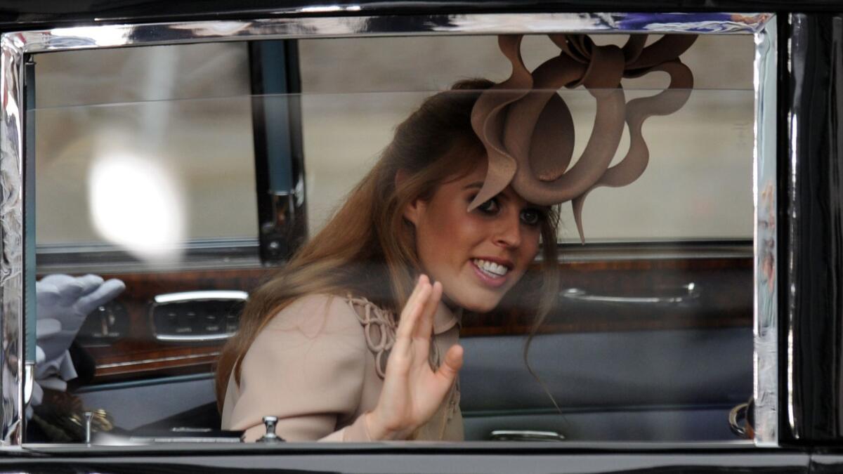 Princess Beatrice of York arrives at the wedding of Britain's Prince William and Catherine Middleton in 2011 in a focus-pulling Philip Treacy creation.