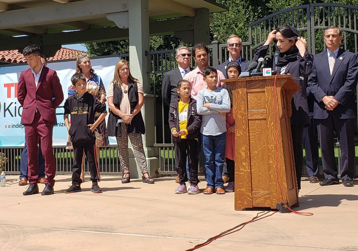 Artist Sara Rahmani speaks at a press conference put on by Rep. Darrell Issa for families that escaped from Afghanistan.