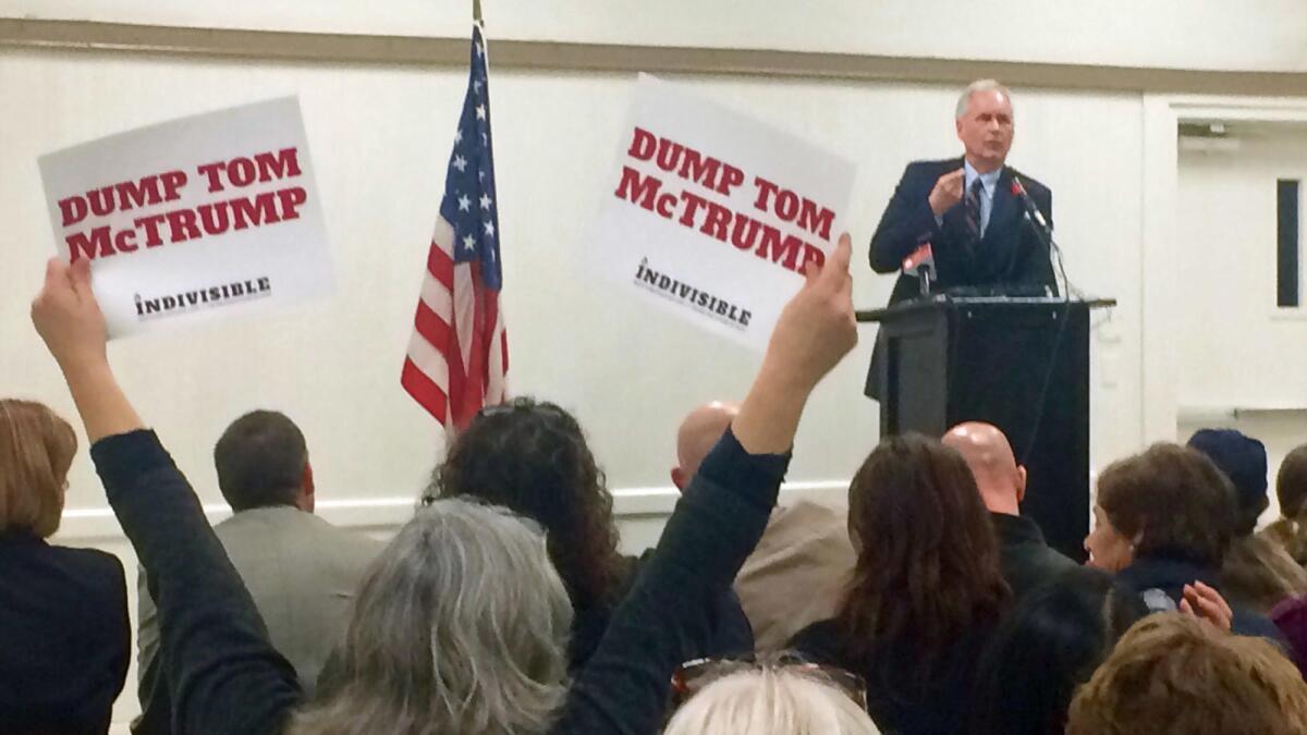 Rep. Tom McClintock (R-Elk Grove) speaks at a town hall meeting about Republican proposals in Congress and actions by President Trump on healthcare, immigration and the environment.