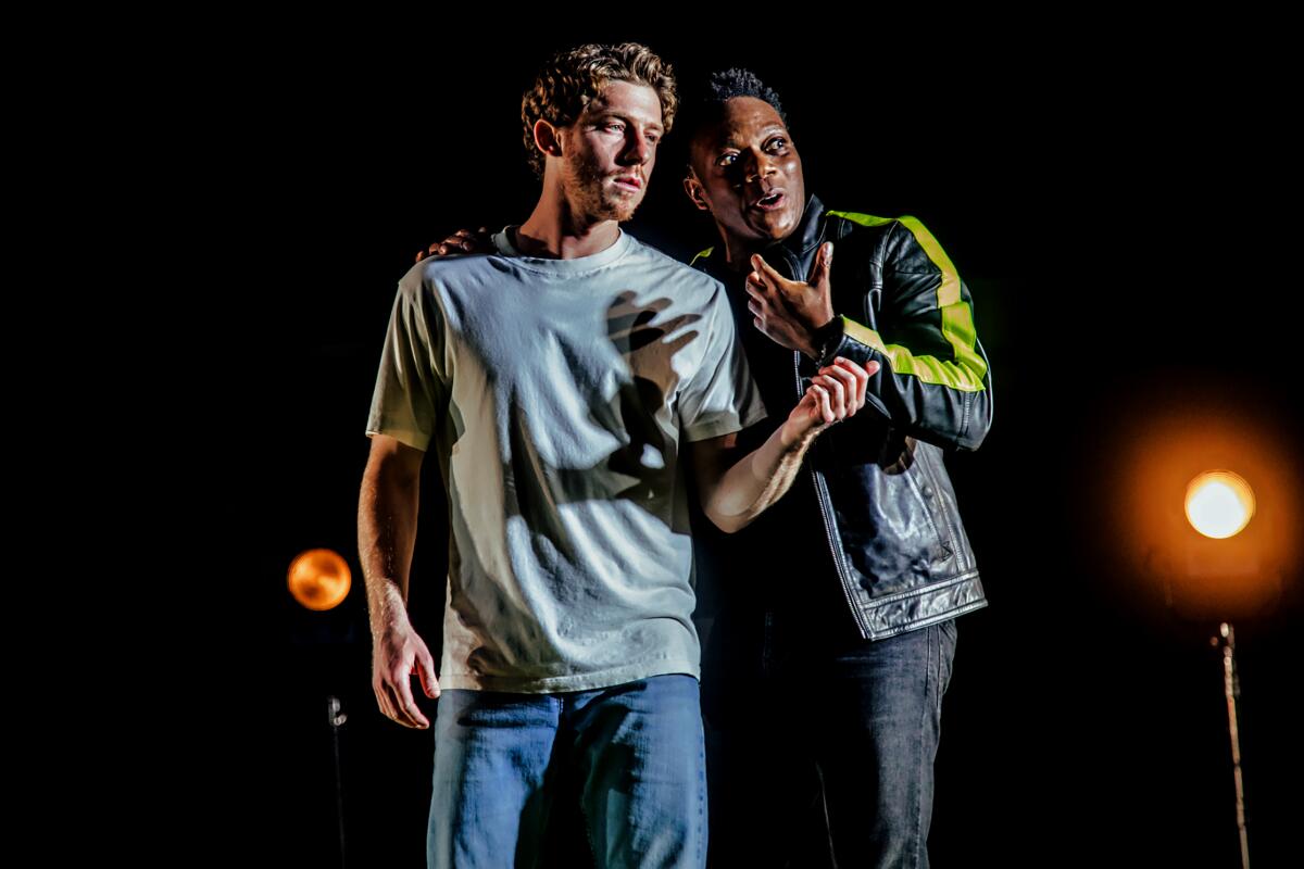 Will Hochman, left, and Chukwudi Iwuji in "Cyrano de Bergerac" at Pasadena Playhouse.