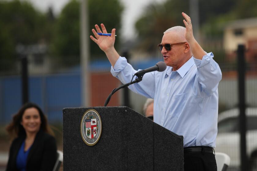 PLAYA DEL REY, CA - JUNE 17, 2021: Los Angeles City Councilman Mike Bonin speaks during the opening ceremony for Argo Drain Sub-Basin Facility Project on June 17, 2021 in Playa Del Rey, California. Bonin is the subject of a recall because of the Venice homeless situation. (Gina Ferazzi / Los Angeles Times)