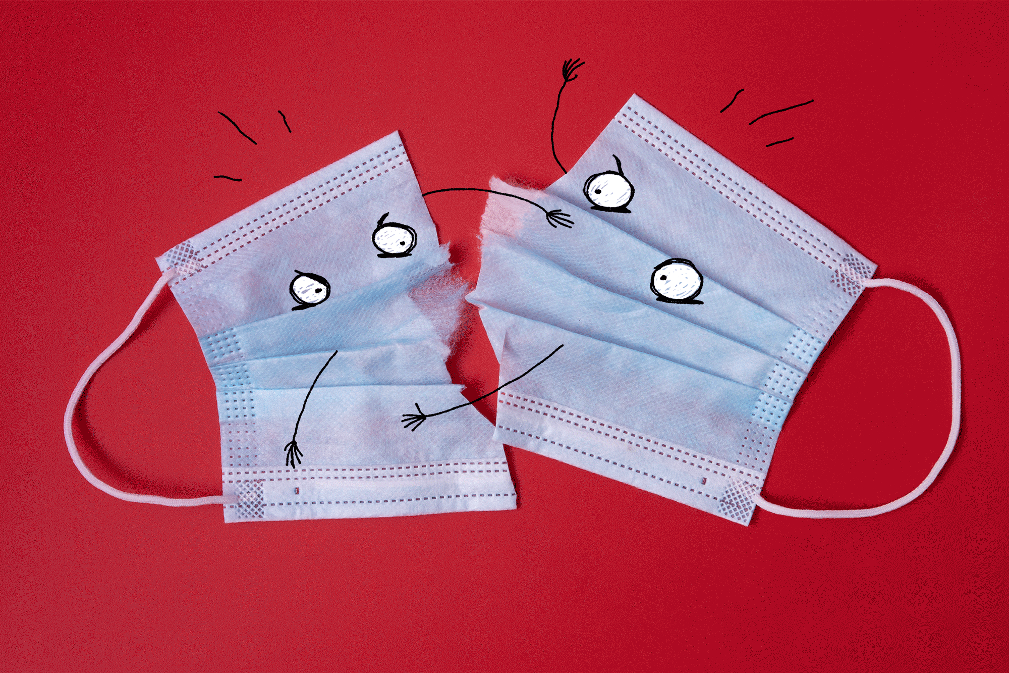Illustration of two halves of a torn surgical face mask with cartoon eyes and arms slapping each other.
