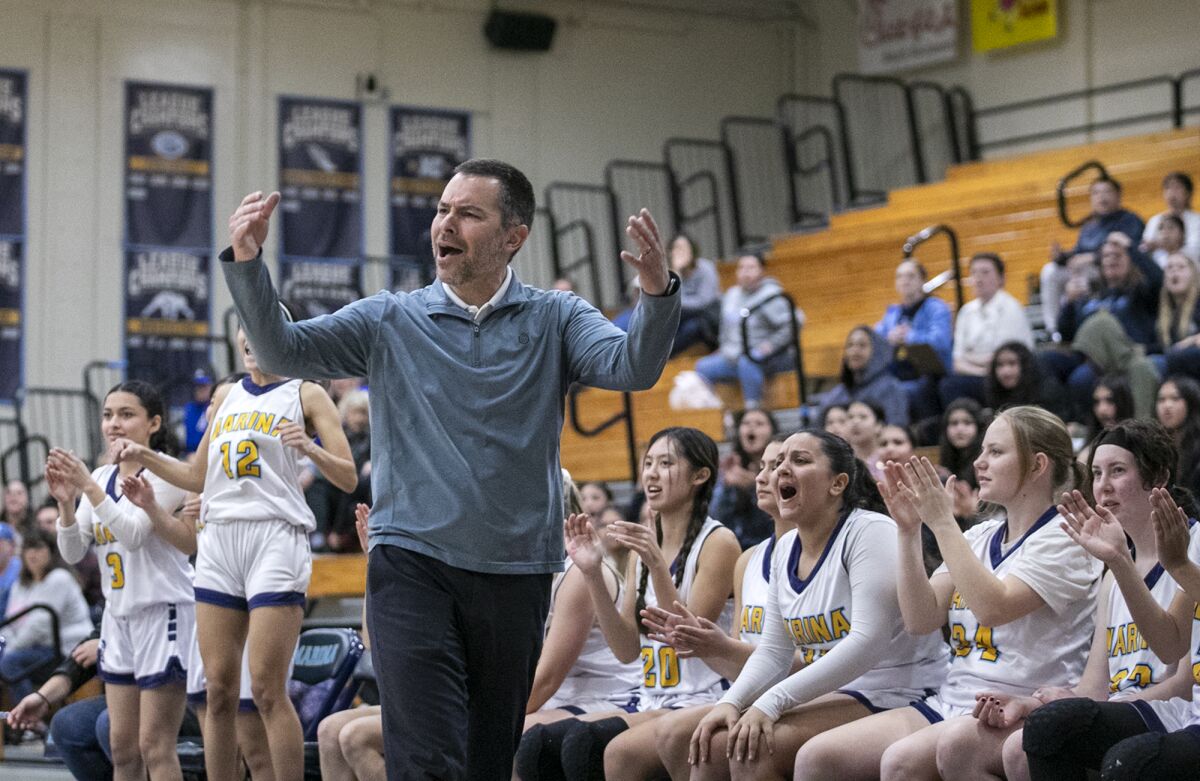 Marina head coach Daniel Roussel objects to a call during a regional playoff game against Lompoc on Tuesday.