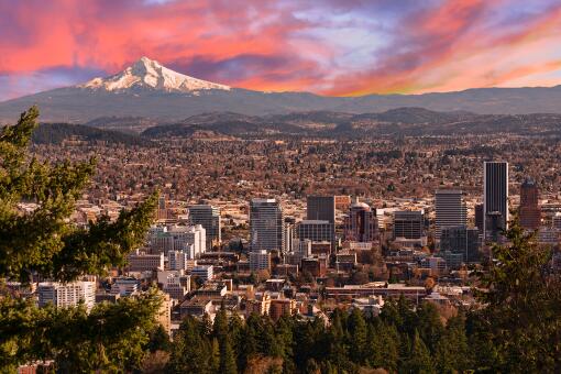 A photo of a sunrise View of Portland, Oregon.