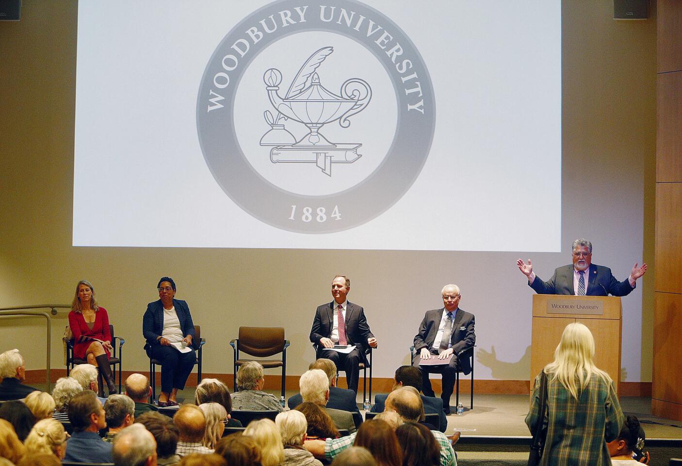 California Senator Anthony Portantino speaks at the podium during introductions at a town hall discussion about gun violence at Woodbury University on Monday, November 26, 2018. The panel for the town hall included Woodbury President David Steele-Figueredo, U.S. Congressman Adam Schiff, California Senator Anthony Portantino, Director, Injury and Violence Prevention Program with the Los Angeles County Department of Public Health Andrea L. Welsing, and USC Keck School of Medicine Associate Professor of Clinical Pediatrics Karen C. Rogers, Ph.D.