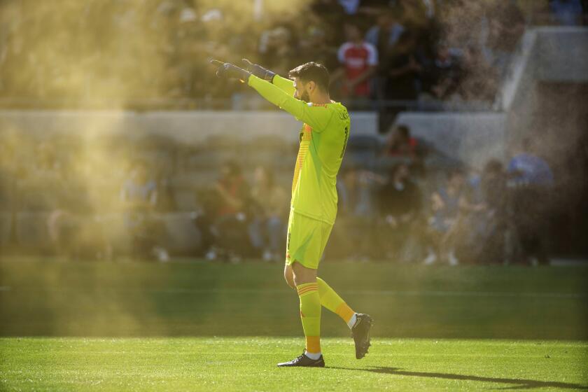 Los Angeles FC goalkeeper Hugo Lloris celebrates during the second half of an MLS soccer match, Saturday, Feb. 24, 2024, in Los Angeles. (AP Photo/Eric Thayer)