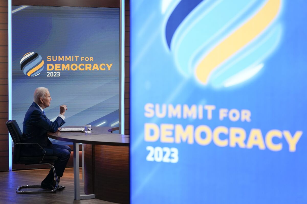 President Joe Biden speaks during a Summit for Democracy virtual plenary in the South Court Auditorium on the White House campus, Wednesday, March 29, 2023, in Washington. (AP Photo/Patrick Semansky)
