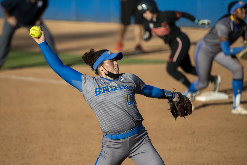 WESTWOOD, CA - APRIL 16, 2021: Pitcher Rachel Garcia pitches a no-hit shut out against Oregon State at UCLA on April 16, 2021 in Westwood, California.(Gina Ferazzi / Los Angeles Times)
