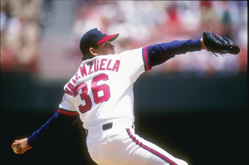 Fernando Valenzuela throws a pitch against the Milwaukee Brewers on June 12, 1991.