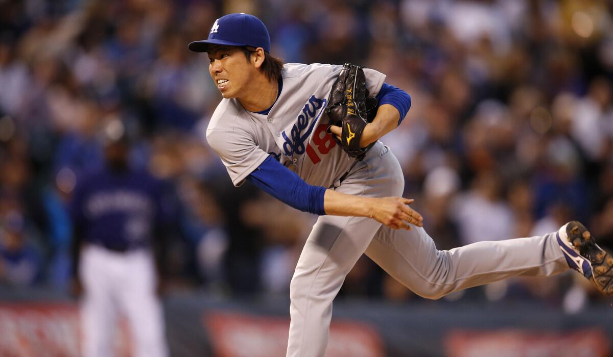 Los Angeles Dodgers starting pitcher Kenta Maeda pitches in the fifth inning against the Colorado Rockies on Saturday.