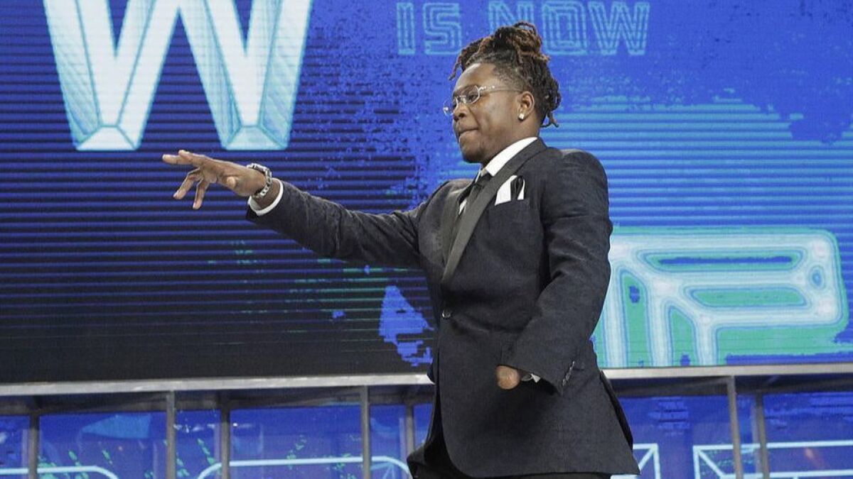 Shaquem Griffin is introduced at the start of the first round of the NFL draft on Thursday.
