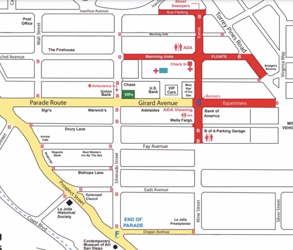 The La Jolla Christmas Parade route is in yellow. The red areas indicate additional closures for parade setup.