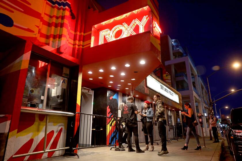 LOS ANGELES, CALIF. -- WEDNESDAY, MARCH 11, 2020: The Roxy along the Sunset Strip in Los Angeles, Calif., on March 11, 2020. How coronavirus is affecting Los Angeles nightlife. (Gary Coronado / Los Angeles Times)