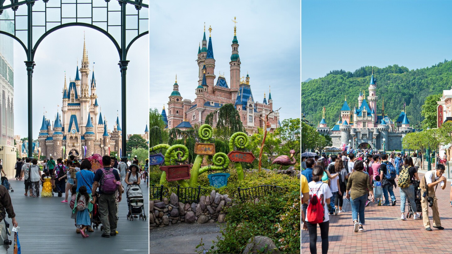 From left: Tokyo Disneyland, Shanghai Disneyland’s Enchanted Storybook Castle and Hong Kong Disneyland.
