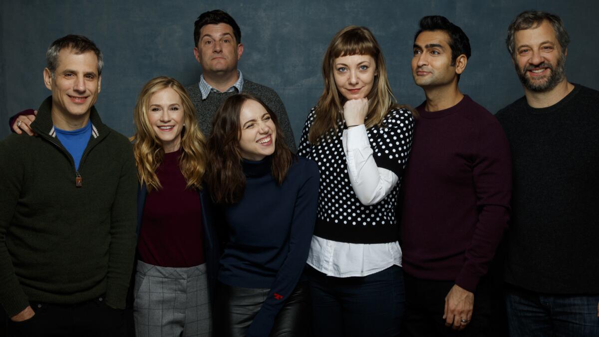 "The Big Sick" gang at Sundance: From left, producer Barry Mendel, actress Holly Hunter, director Michael Showalter, actress Zoe Karan, writer Emily V. Gordon, writer and star Kumail Nanjiani and producer Judd Apatow. (Jay L. Clendenin / Los Angeles Times)