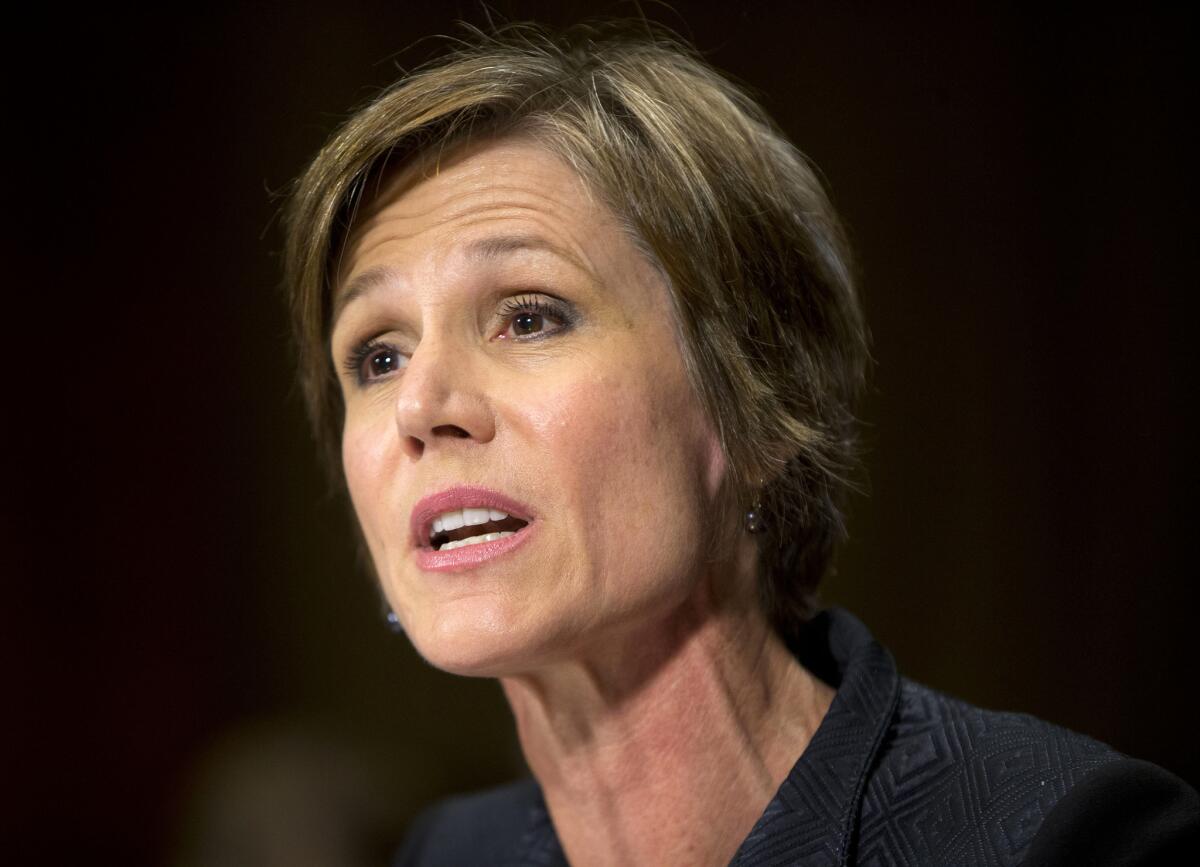 In this March 24, 2015, file photo, Deputy Atty. Gen. nominee Sally Yates testifies on Capitol Hill in Washington.