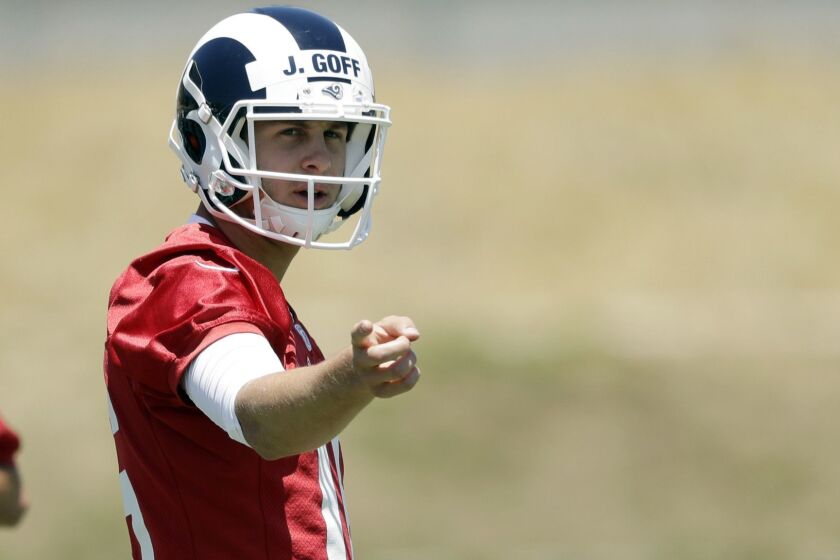 Los Angeles Rams quarterback Jared Goff (16) during an NFL football training camp Tuesday, May 28, 2019, in Thousand Oaks, Calif. (AP Photo/Marcio Jose Sanchez)