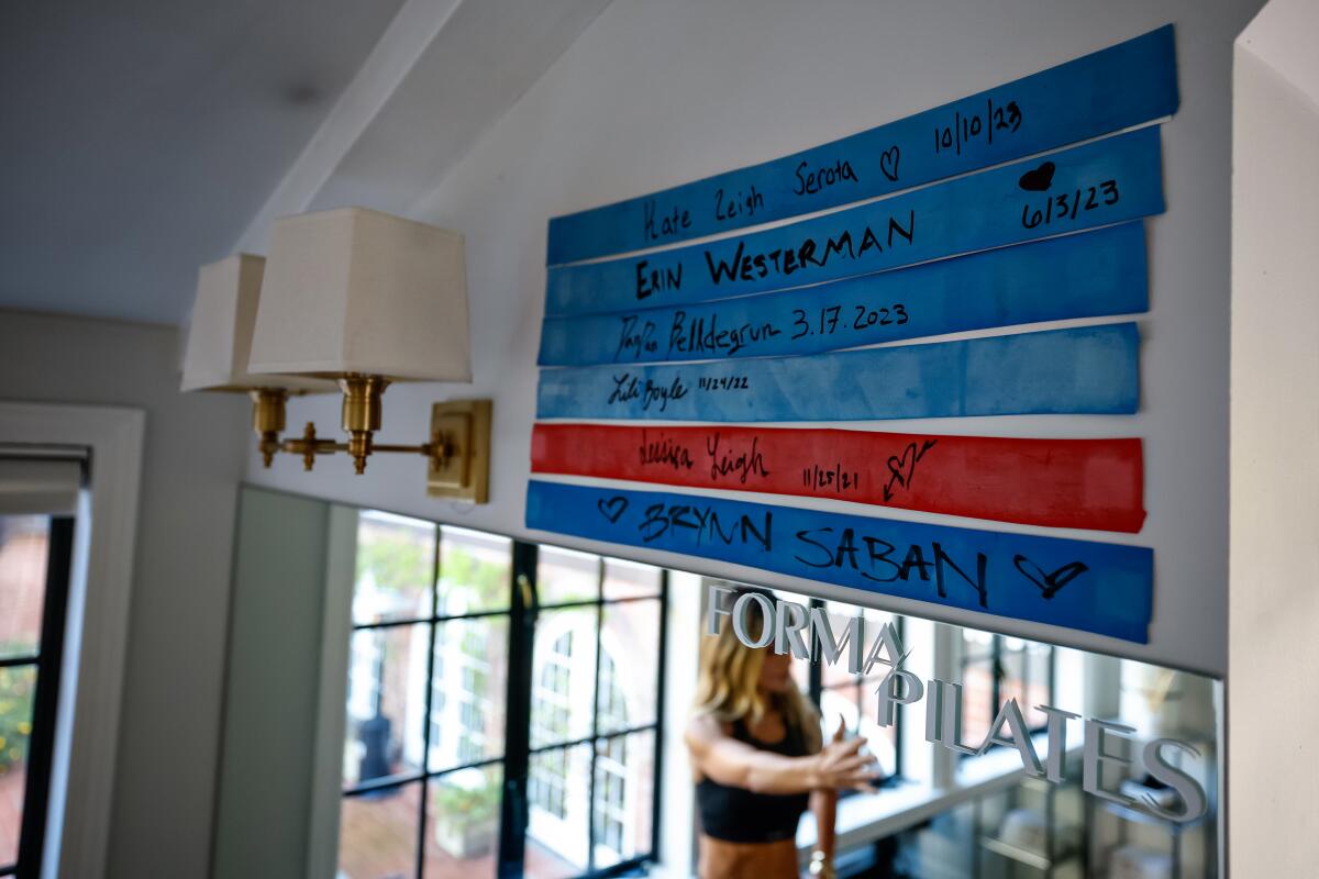 Rubber resistance bands, snapped and signed by past clients, adorn Levi's home studio.