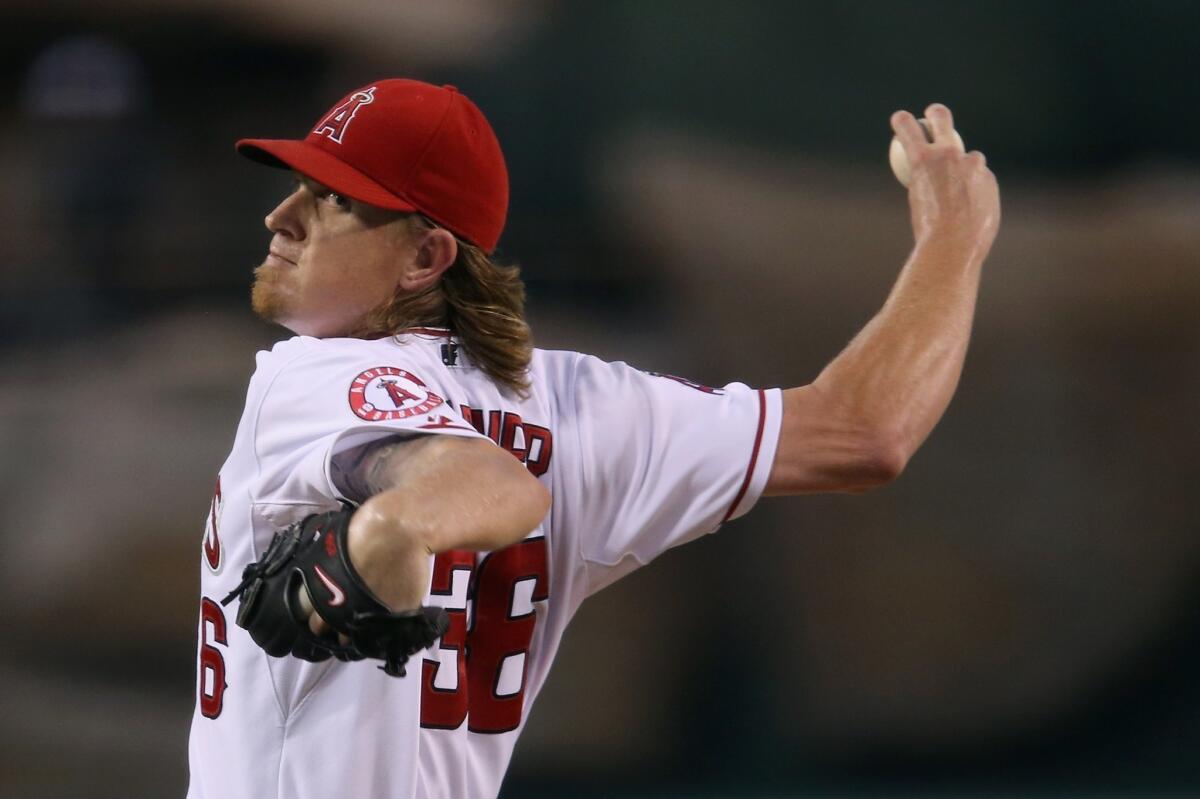 Jered Weaver pitches against the Tampa Bay Rays at Angel Stadium in Anaheim.