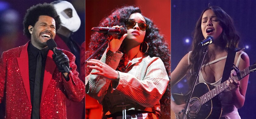 This combination of photos shows The Weeknd performing during the halftime show of the Super Bowl on Feb. 7, 2021, in Tampa, Fla., left, H.E.R. performing at the Spotify Best New Artist 2019 Party in Los Angeles on Feb. 7, 2019, center, and Olivia Rodrigo performingat the American Music Awards in Los Angeles on Nov. 21, 2021. The Weeknd was named global artist of the year at the Apple Music Awards, H.E.R. was named songwriter of the year, and Rodrigo was named breakthrough artist of the year, her “Sour” was named best album of the year and her “drivers license” was song of the year. (AP Photo)