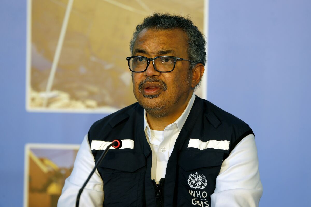 Director General of the World Health Organization, Tedros Adhanom Ghebreyesus, speaks during a press conference, in Beirut, Lebanon, Friday, Sept. 17, 2021. Ghebreyesus said on Friday he was deeply concerned about the impact of Lebanon's economic meltdown and multiple crises on the people's wellbeing, saying the migration of healthcare workers is particularly worrisome. (AP Photo/Bilal Hussein)