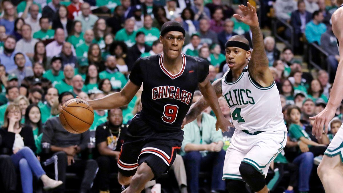 Chicago Bulls guard Rajon Rondo (9) drives towards the basket past Boston Celtics guard Isaiah Thomas (4) during the second quarter of a first-round NBA playoff game in Boston on April 18.