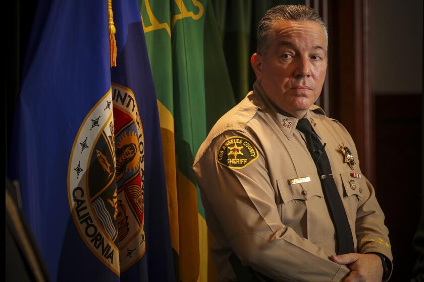 Los Angeles, CA - February 15: Sheriff Alex Villanueva gives details surrounding a weeklong, statewide operation aimed at combatting human trafficking, at a press conference held in Hall of Justice on Tuesday, Feb. 15, 2022 in Los Angeles, CA. (Irfan Khan / Los Angeles Times)