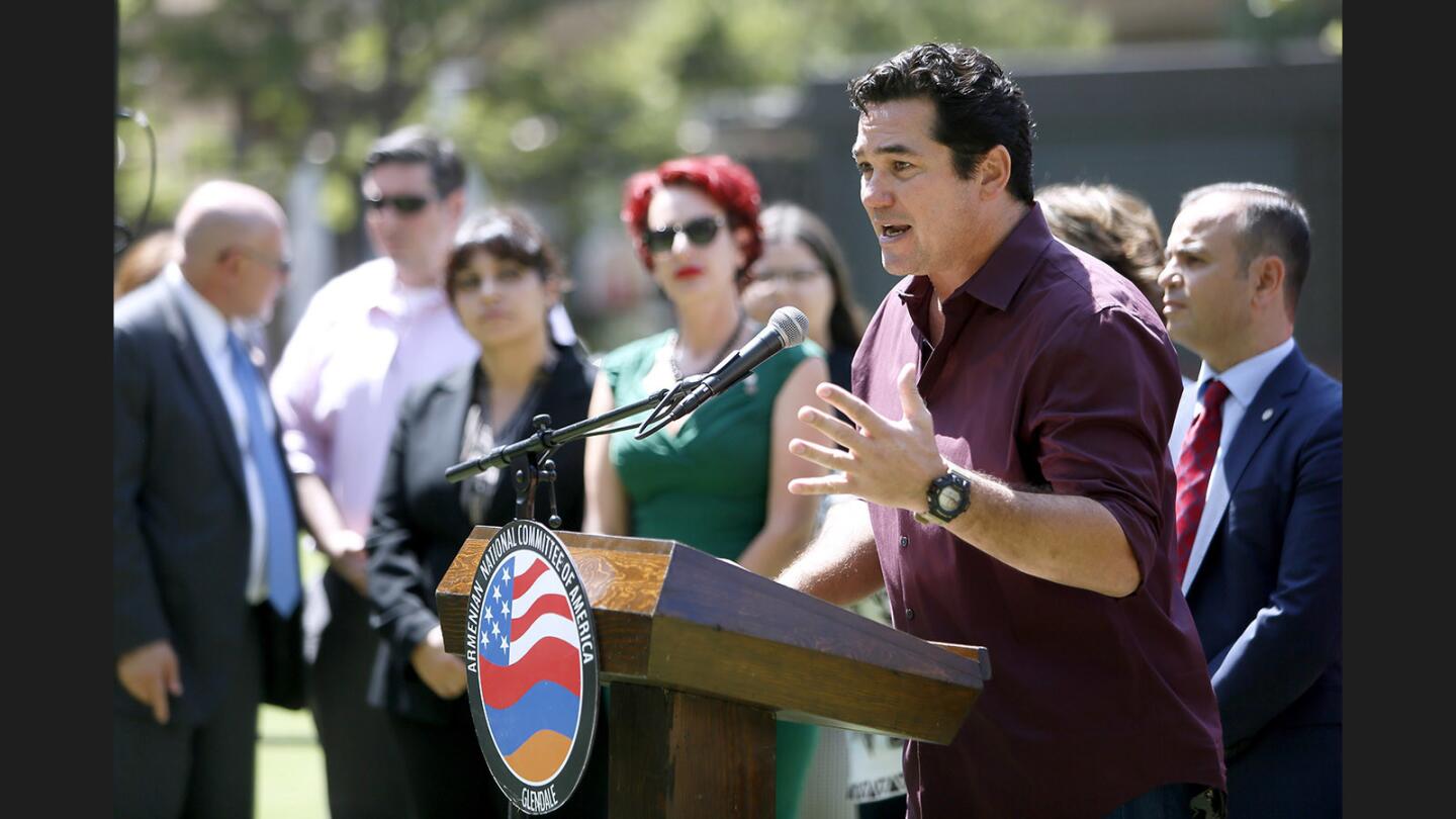 Actor, director and "Architects of Denial" executive producer, Dean Cain, speaks at the Armenian National Committee of America, Glendale chapter, press conference at the Americana at Brand on Thursday, Aug. 17, 2017.