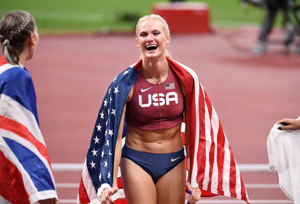 Katie Nageotte celebrates after winning gold in the women's pole vault on Thursday.