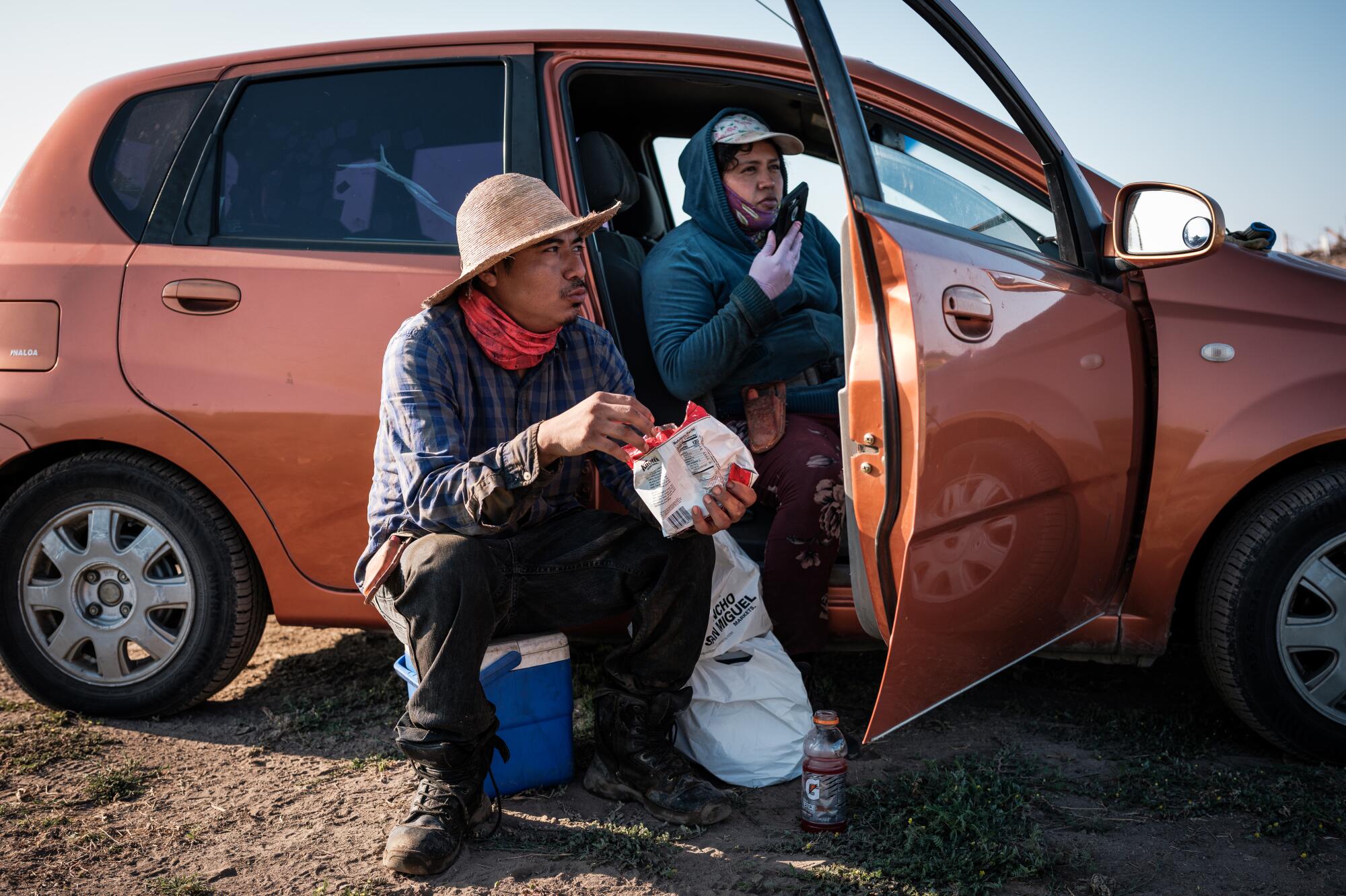 Farmworkers take a break to eat breakfast while weeding a tomato field in French Camp, Calif.