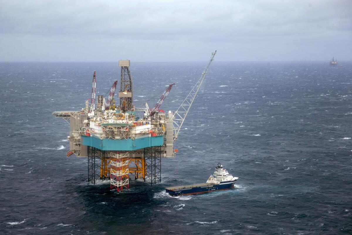 FILE - In this Feb. 16, 2016 file photo, a view of a supply ship at the Edvard Grieg oil field, in the North Sea. North Sea oil and gas has helped make Norway one of the wealthiest countries in the world. But as Norwegians head to the polls on Monday, Sept. 13, 2021, fears about climate change have put the future of the industry at the top of the campaign agenda. (Hakon Mosvold Larsen, NTB scanpix via AP, File)