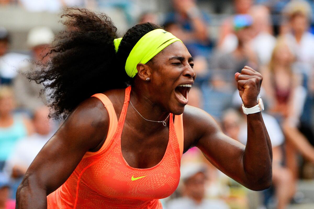 Serena Williams reacts during her second round U.S. Open match against Kiki Bertens.