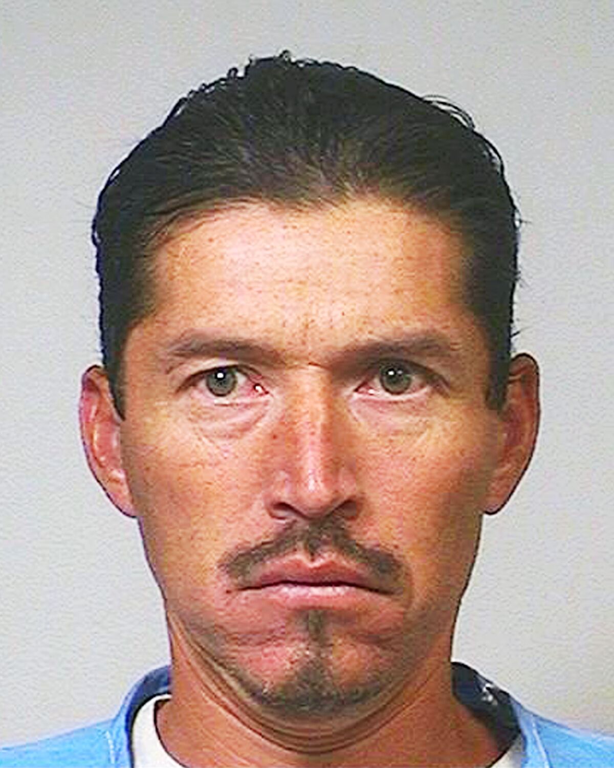 A head and shoulders booking image of a man with slicked-back hair and a goatee facial hair. 