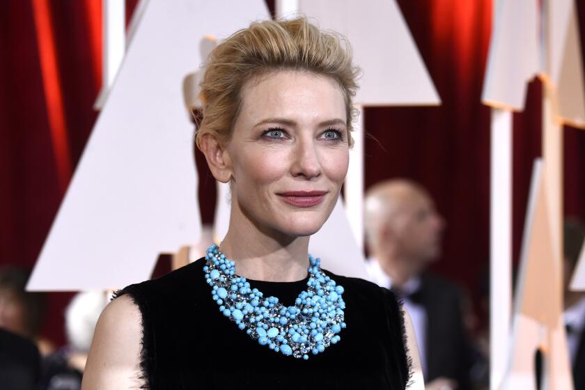 Cate Blanchett in Tiffany & Co. turquoise, aquamarine and diamond bib necklace.